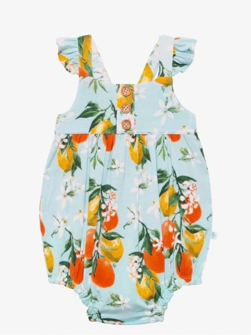 Posh Peanut Mirabella Henley Ruffled Capsleeve Bubble Romper Citrus Print Orange